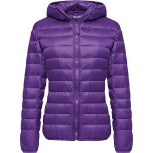 Women's Dark Purple Short Down Hooded Puffer Jacket Coat Fabric Packable Ultra